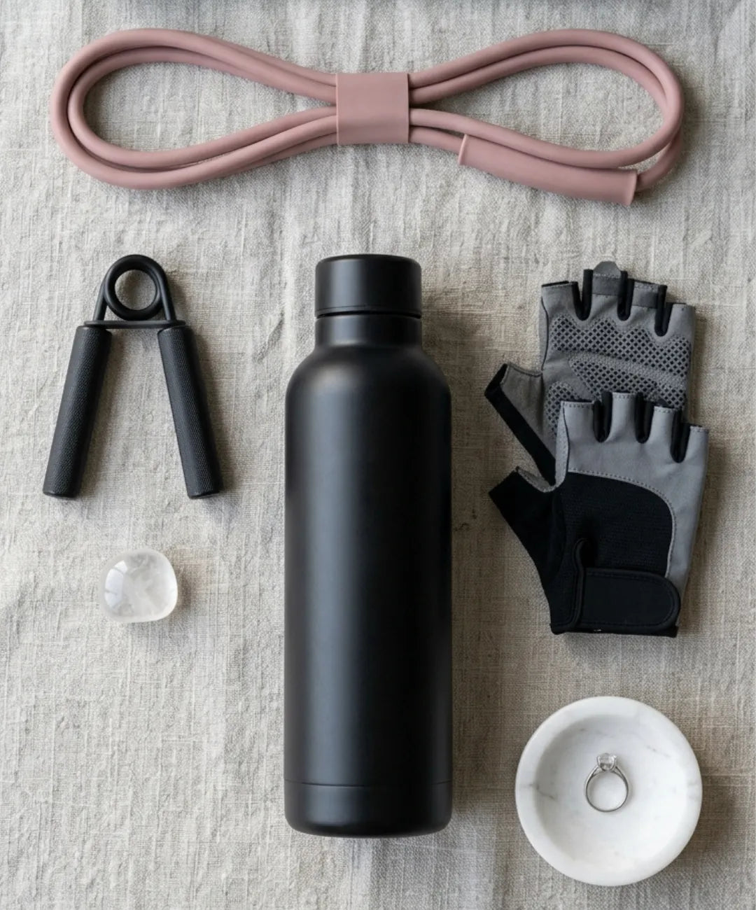 Vertical flat lay of fitness accessories: resistance bands, grip trainer, water bottle, gloves, arranged on light gray textured surface, even studio lighting, minimalist composition, no text, no people, 9:16 ratio, commercial product photography
