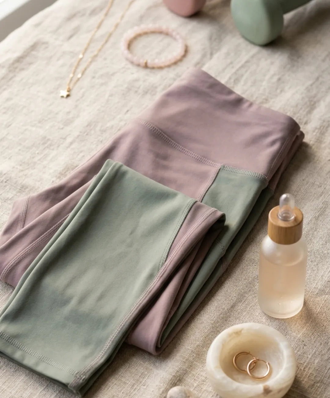 A top-down view, on textured beige linen, of a pair of folded color-block leggings in dusty pink and green. Surrounding items include two dumbbells, jewelry, a crystal bead bracelet, a glass bottle, and a small marble bowl containing gold earrings.