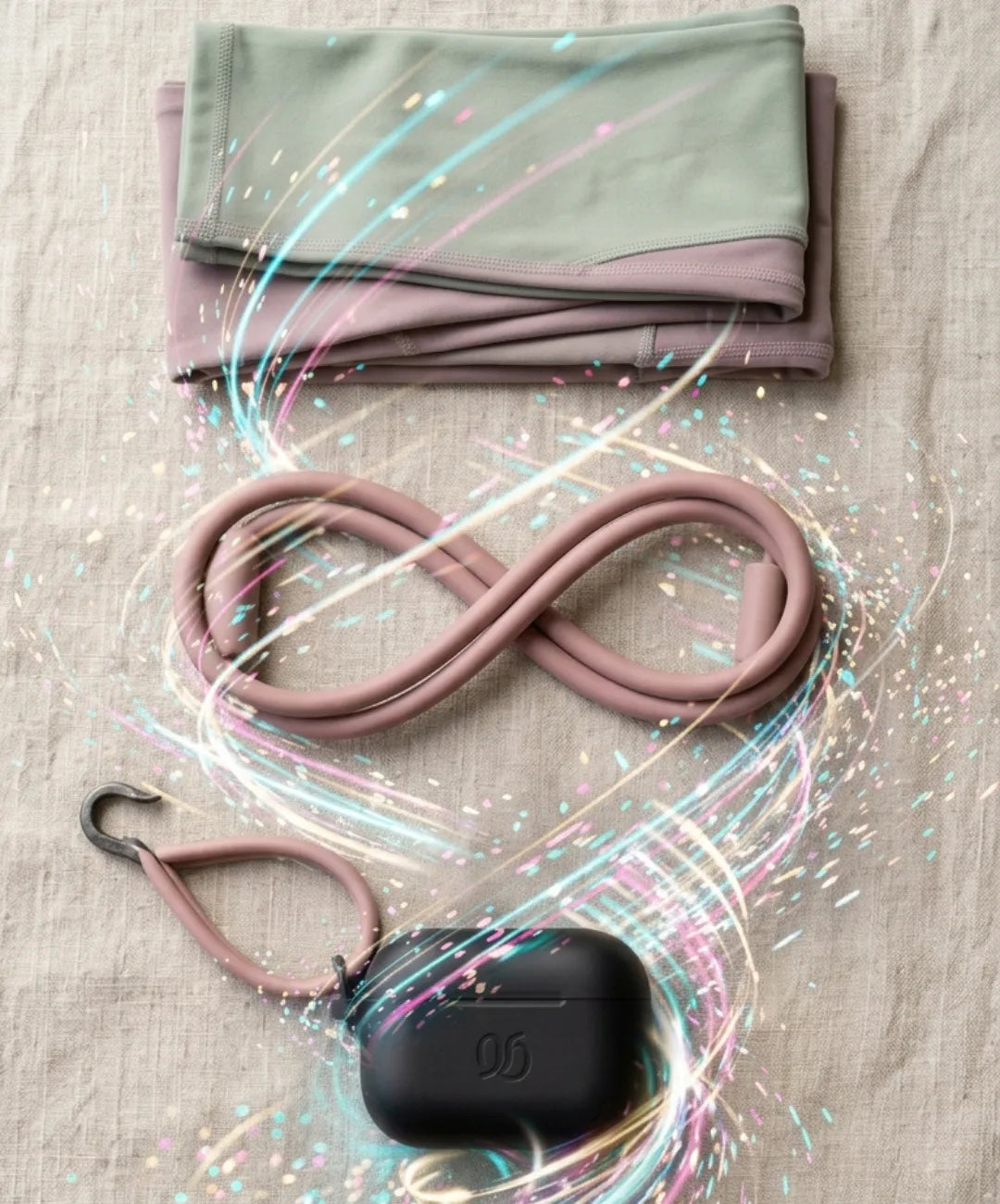 Vertical flat lay mixing a folded athletic garment, a fitness accessory like resistance bands, and a skincare bottle, balanced composition on light neutral background, even studio lighting, no text, no people, 9:16 ratio, commercial photography