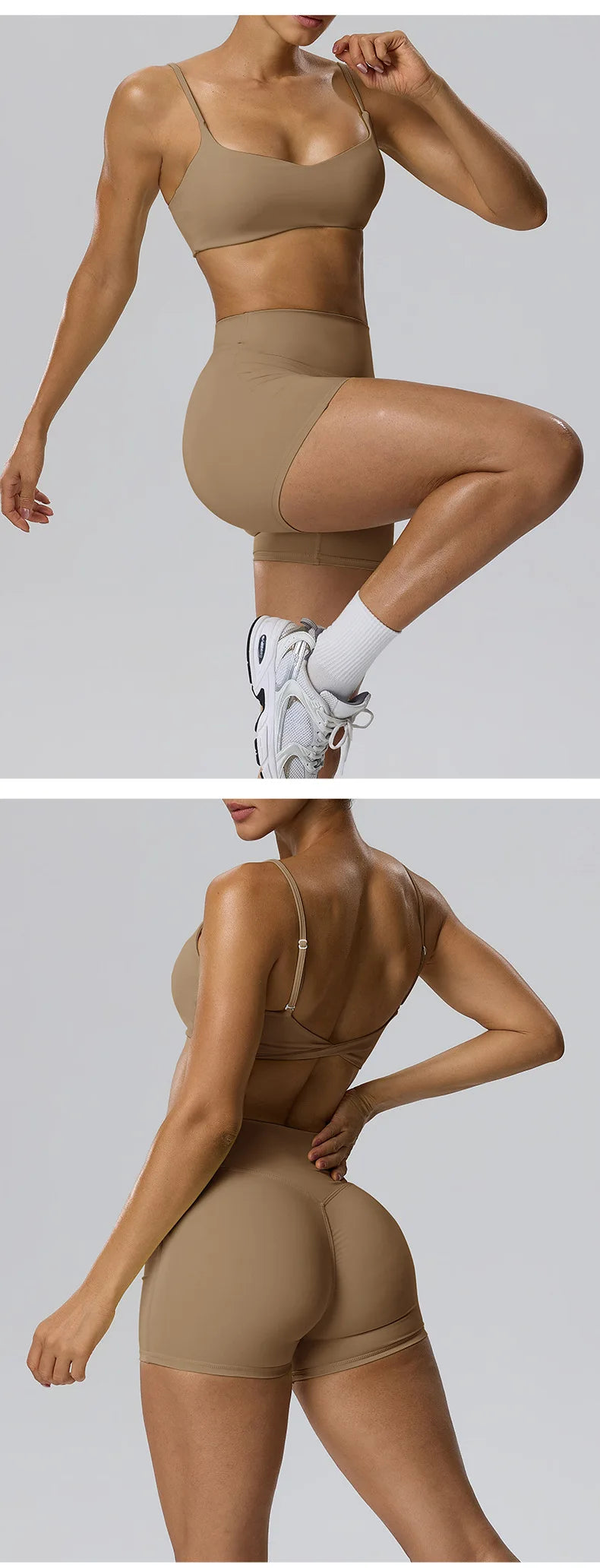 RAVGYM Set 3 en 1 — Sujetador Deportivo + Shorts + Leggings Peach Hip